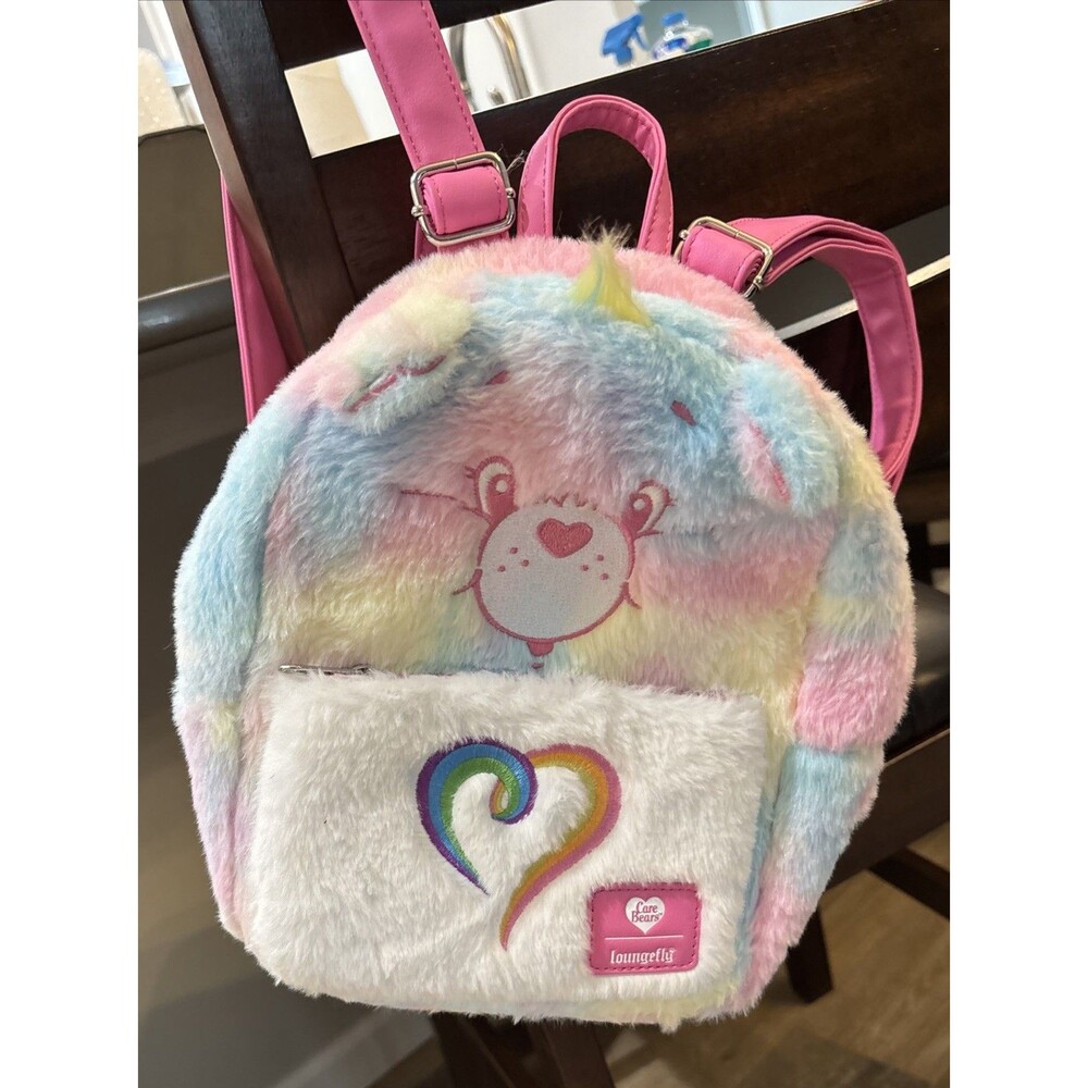 Loungefly Care Bears Togetherness Bear Pastel Rainbow Fuzzy Mini Backpack Pink